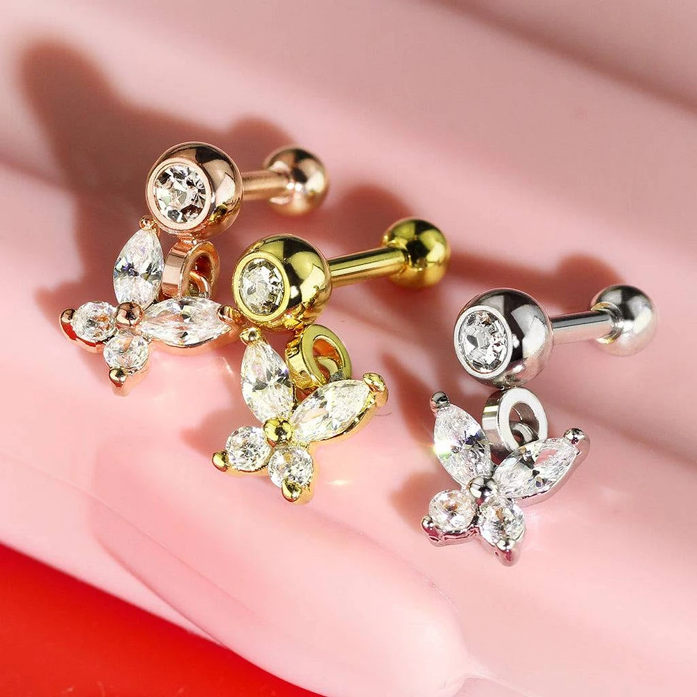 Gold Plated Surgical Steel White CZ Butterfly Dangle Cartilage Ring