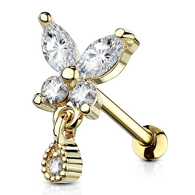 Gold Plated Surgical Steel White CZ Butterfly w. Teardrop Dangle Helix Barbell