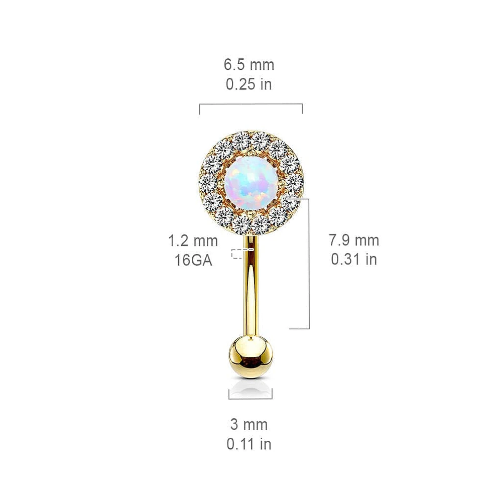 Gold Plated Surgical Steel White CZ Gem Cluster & White Opal Curved Barbell