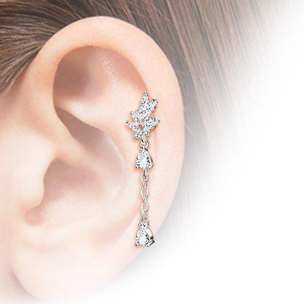 Gold Plated Surgical Steel White CZ Leaf Dangling Teardrop Cartilage Ring