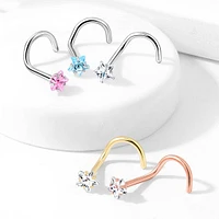 Gold Plated Surgical Steel White CZ Star Corkscrew Nose Ring Stud
