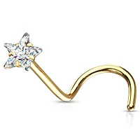 Gold Plated Surgical Steel White CZ Star Corkscrew Nose Ring Stud