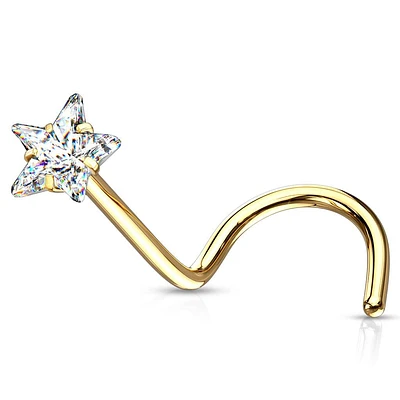 Gold Plated Surgical Steel White CZ Star Corkscrew Nose Ring Stud