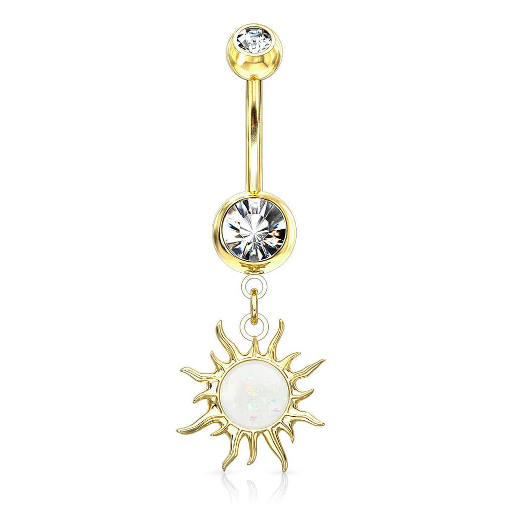 Gold Plated Surgical Steel White Glitter Opal Tribal Sun Belly Button Ring