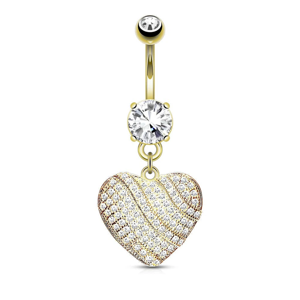 Gold Plated Surgical Steel White Pave Heart Dangle Belly Ring