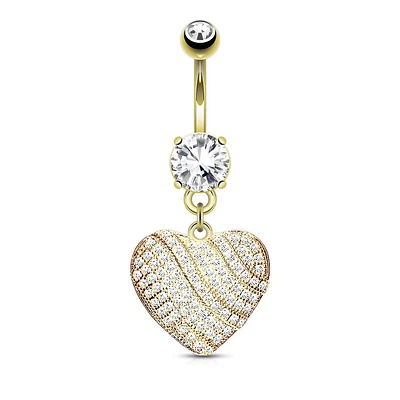 Gold Plated Surgical Steel White Pave Heart Dangle Belly Ring