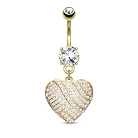 Gold Plated Surgical Steel White Pave Heart Dangle Belly Ring