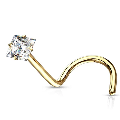 Gold Plated Surgical Steel White Square CZ Gem Corkscrew Nose Ring Stud