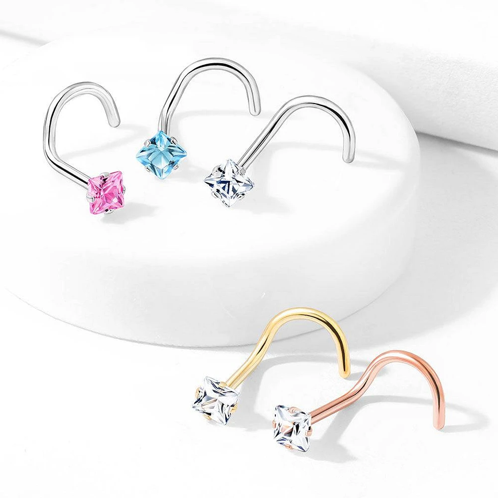Gold Plated Surgical Steel White Square CZ Gem Corkscrew Nose Ring Stud