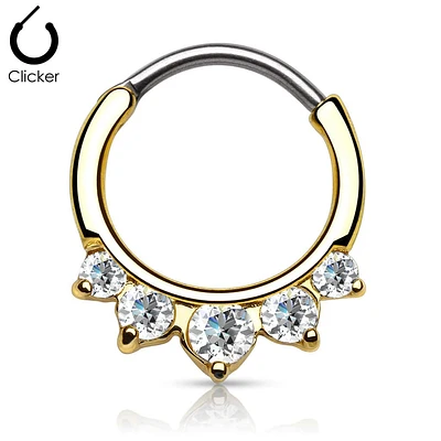 Gold Plated White Clear 5 Prong Set CZ Round Septum Ring Curved 316L Surgical Steel Bar Clicker