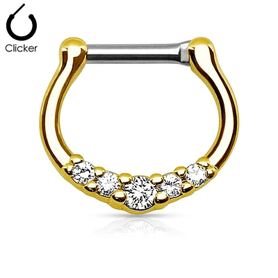 Gold PVD 5 Prong White CZ Septum Ring Surgical Steel Bar Clicker