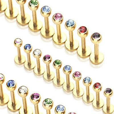 Gold PVD Flat Back Labret Stud Cartilage Ring with Ball and CZ Gem