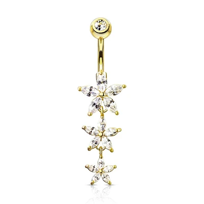 Gold PVD Surgical Steel 3 White CZ Flower Dangle Belly Ring