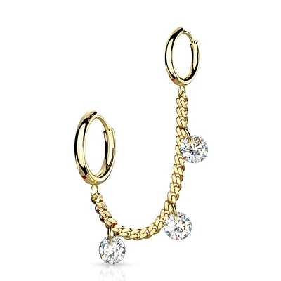 Gold PVD Surgical Steel Chain Link Double Hoop Earring with White CZ Gem Dangle