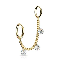 Gold PVD Surgical Steel Chain Link Double Hoop Earring with White CZ Gem Dangle