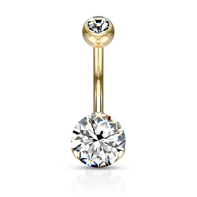 Gold PVD Surgical Steel Classic White 8mm CZ Gem Belly Ring