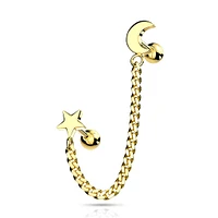 Gold PVD Surgical Steel Crescent Moon & Star Chain Link Barbell Studs