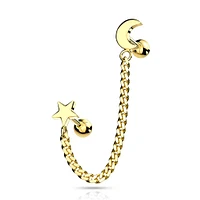 Gold PVD Surgical Steel Crescent Moon & Star Chain Link Barbell Studs