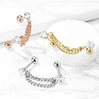 Gold PVD Surgical Steel Double Chain Link Ball Back CZ Barbell Studs