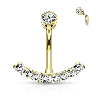 Gold PVD Surgical Steel Internally Threaded Belly Ring with White CZ Curved Bottom