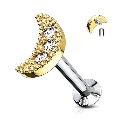 Gold Surgical Steel Internally Threaded White CZ Moon Crescent Labret