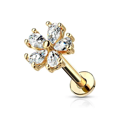 Gold Surgical Steel Internally Threaded White Flower CZ Flat Back Labret