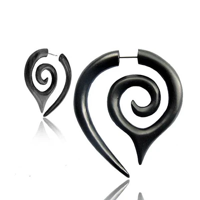 Hand Carved Black Narra Wood Tribal Fake Ear Spiral