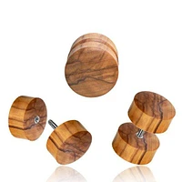 Hand Carved Olive Wood Screw On Fake Cheater Plugs Earrings