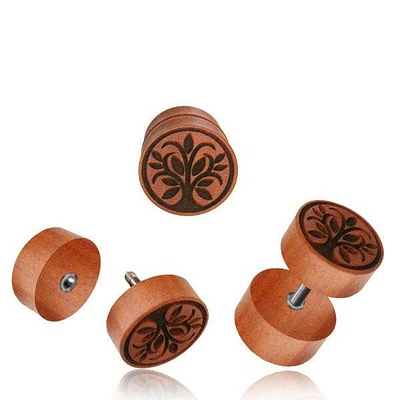 Hand Carved Sawo Wood Tree Of Life Screw On Fake Cheater Plugs Earrings