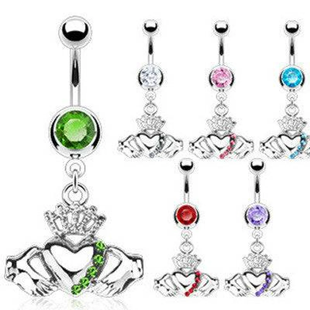 Heart and Crown CZ Gem Claddagh Belly Button Navel RIng