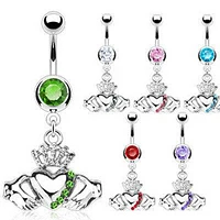 Heart and Crown CZ Gem Claddagh Belly Button Navel RIng