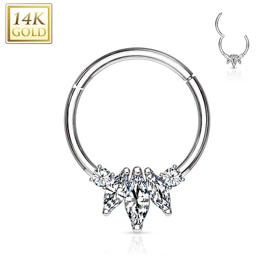 Hinged 14KT White Gold Septum Ring Clicker Hoop with 3 White CZ Marquise Crystals