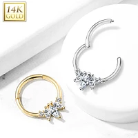 Hinged 14KT White Gold Septum Ring Clicker Hoop with 3 White CZ Marquise Crystals