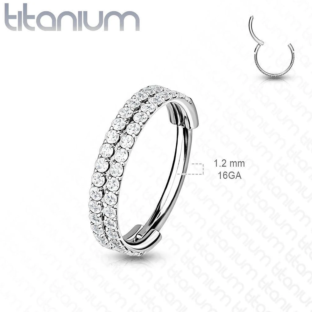 Implant Grade Titanium Black PVD Double Row White CZ Pave Hinged Clicker Hoop