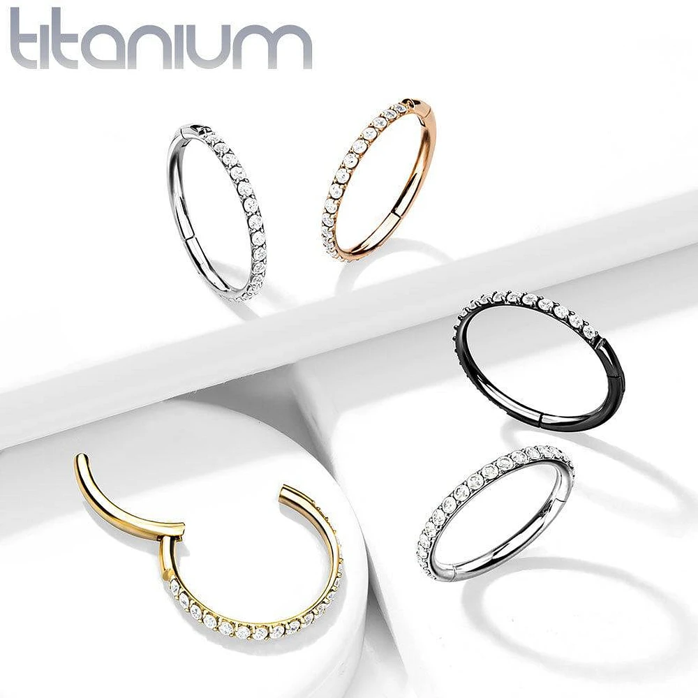 Implant Grade Titanium Black PVD Easy Hinged White CZ Pave Clicker Hoop