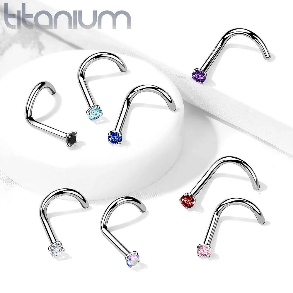 Implant Grade Titanium Corkscrew Nose Ring Stud Aqua CZ With Prong