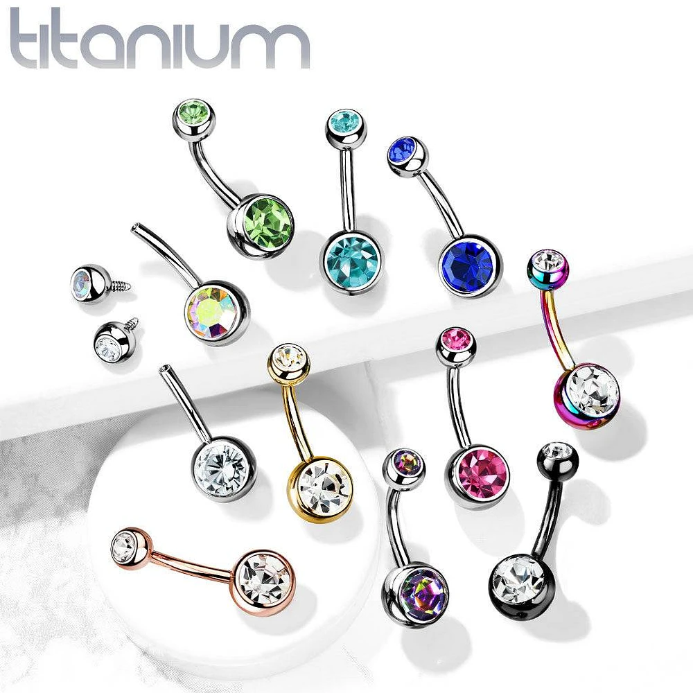 Implant Grade Titanium Gold PVD Double Ball White CZ Gem Belly Ring
