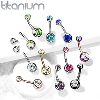 Implant Grade Titanium Gold PVD Double Ball White CZ Gem Belly Ring