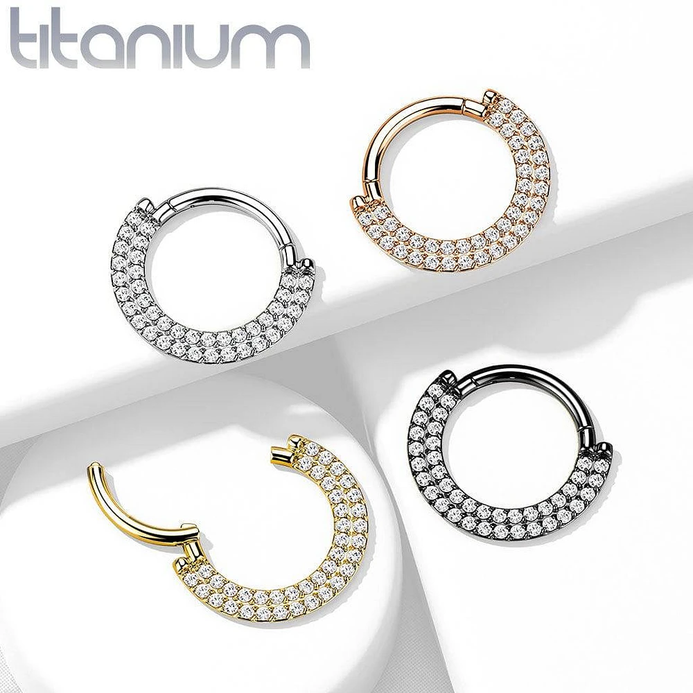 Implant Grade Titanium Gold PVD Double Row White CZ Pave Daith Ring Clicker Hoop