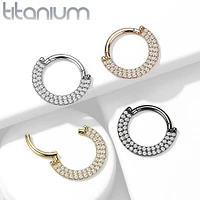 Implant Grade Titanium Gold PVD Double Row White CZ Pave Daith Ring Clicker Hoop