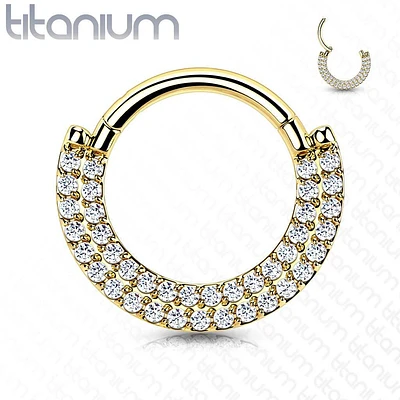 Implant Grade Titanium Gold PVD Double Row White CZ Pave Daith Ring Clicker Hoop