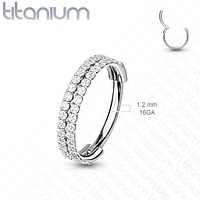 Implant Grade Titanium Gold PVD Double Row White CZ Pave Hinged Clicker Hoop