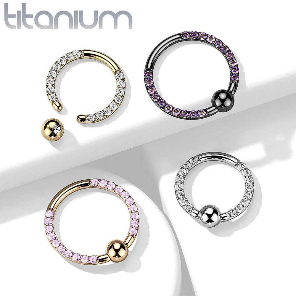 Implant Grade Titanium Gold PVD Front Facing White CZ Pave CBR Hoop Ring