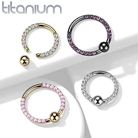 Implant Grade Titanium Gold PVD Front Facing White CZ Pave CBR Hoop Ring