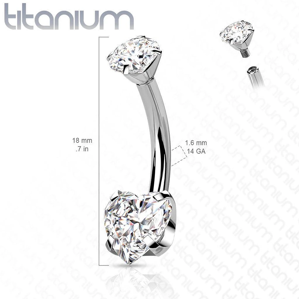 Implant Grade Titanium Gold PVD Internally Threaded White Heart CZ Belly Ring