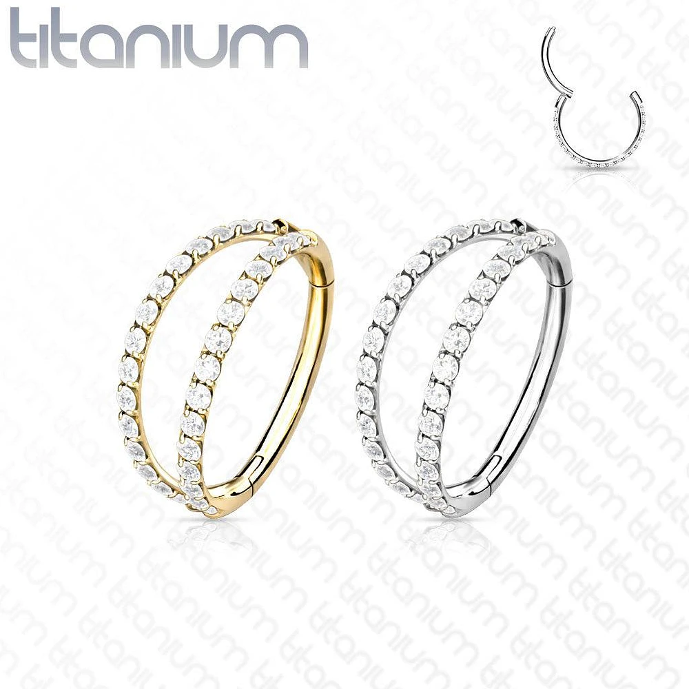 Implant Grade Titanium Gold PVD Pave White CZ Double Hoop Hinged Hoop Ring Clicker