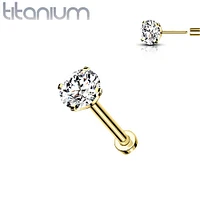 Implant Grade Titanium Gold PVD Threadless Push In Flat Back White Prong CZ Nose Ring Stud