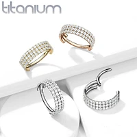 Implant Grade Titanium Gold PVD Triple Row White CZ Pave Hinged Clicker Hoop
