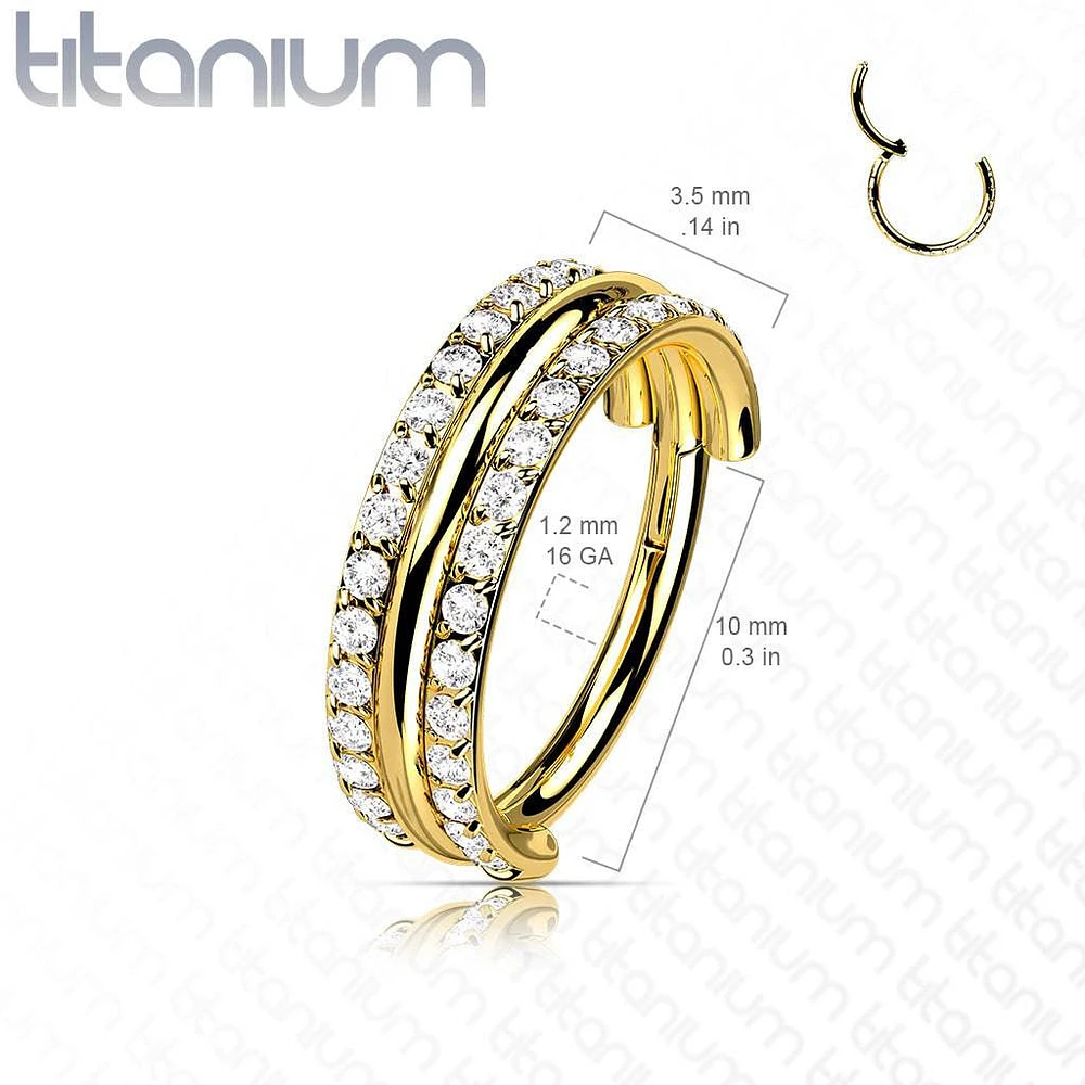 Implant Grade Titanium Gold PVD White CZ Double Line Plain Center Hinged Clicker Hoop