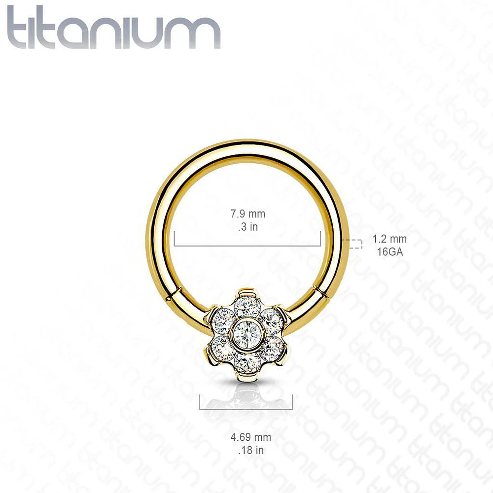 Implant Grade Titanium Gold PVD White CZ Gem Flower Hinged Clicker Hoop